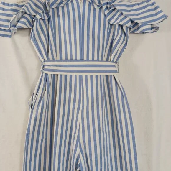 Main Strip, Blue & White Stripe, Off Shoulder Jumpsuit, Spaghetti Straps, Medium - Picture 9 of 14